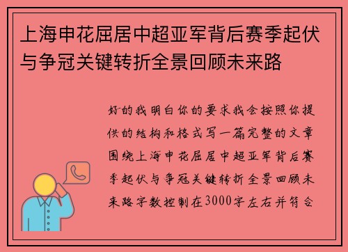 上海申花屈居中超亚军背后赛季起伏与争冠关键转折全景回顾未来路