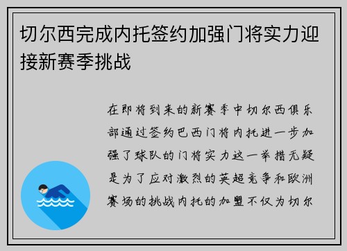 切尔西完成内托签约加强门将实力迎接新赛季挑战